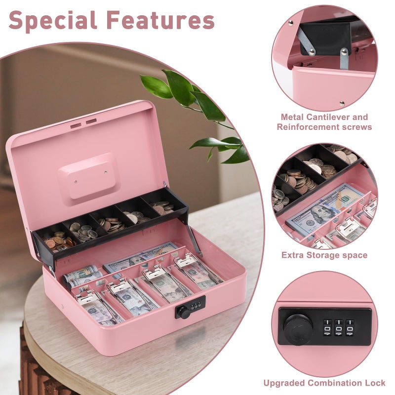 Kyodoled Locking Money Box with Combination Lock, Metal Cash Box with Money Tray, Cash Register,5 Compartments Cantilever Tray 4 Spring Loaded Clips,11.81Lx 9.45Wx 3.54H Inches Pink X Large - Image 5